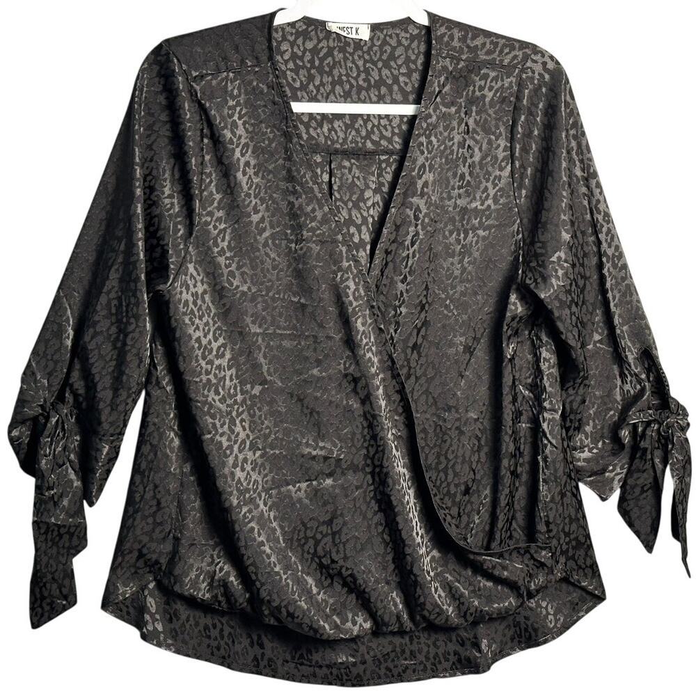 West K Sz M Allan Surplice Black Leopard‎ Wrap Blouse 3/4 Tie Sleeve High Low